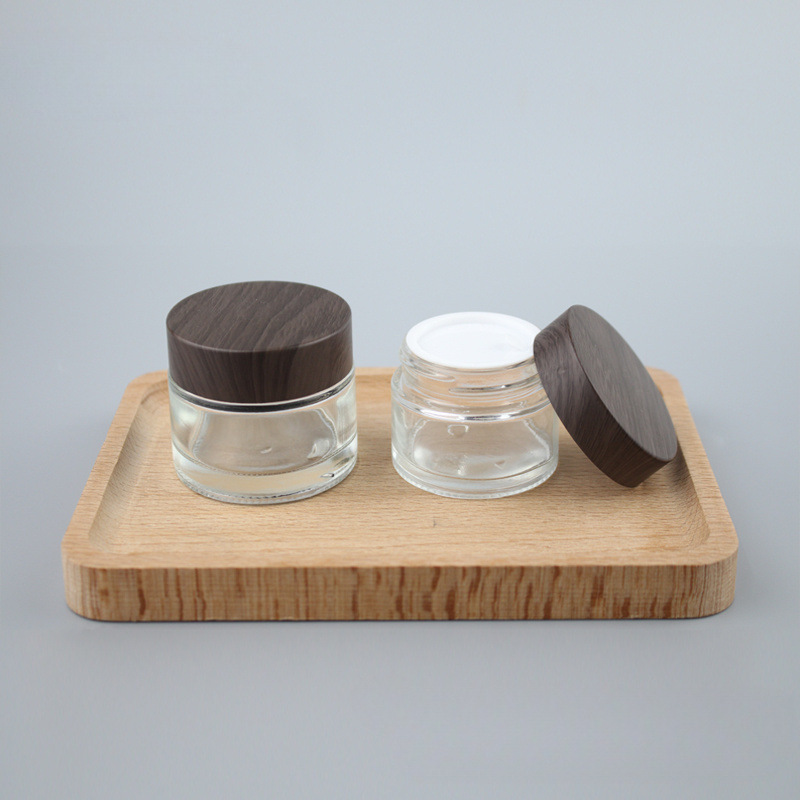 Refill Skin Care Beauty Packaging Cosmetic Manufacturers Supply Cosmetics Split Glass Bottle Eye Travel Wood Grain Lid Frosted