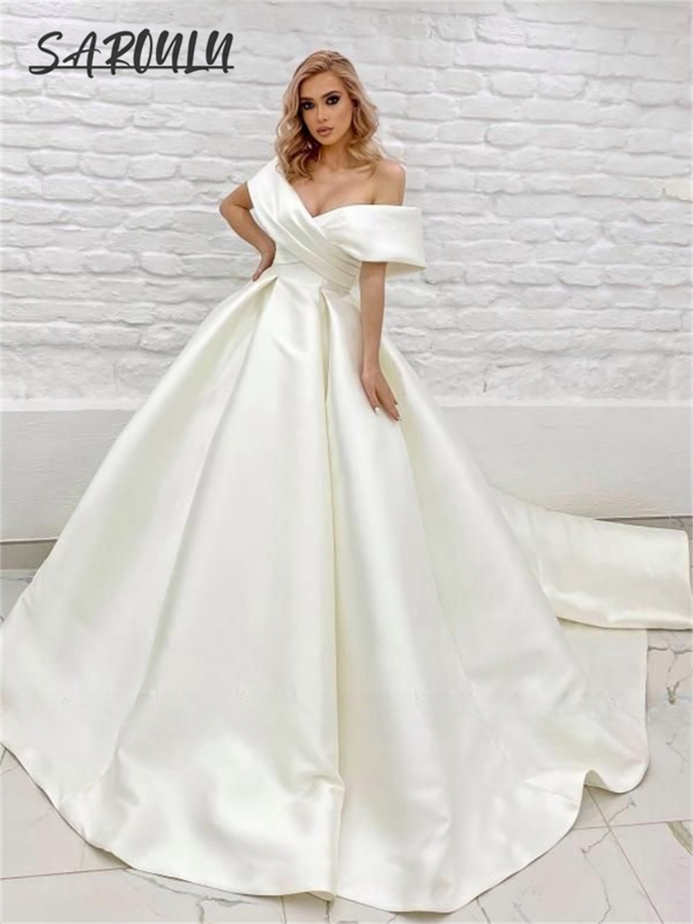 Modern Chic Simple Wedding Dress Customized Off Shoulder Satin Court Train Women's Bridal Gown V  Neck Cheap Bride Dresses