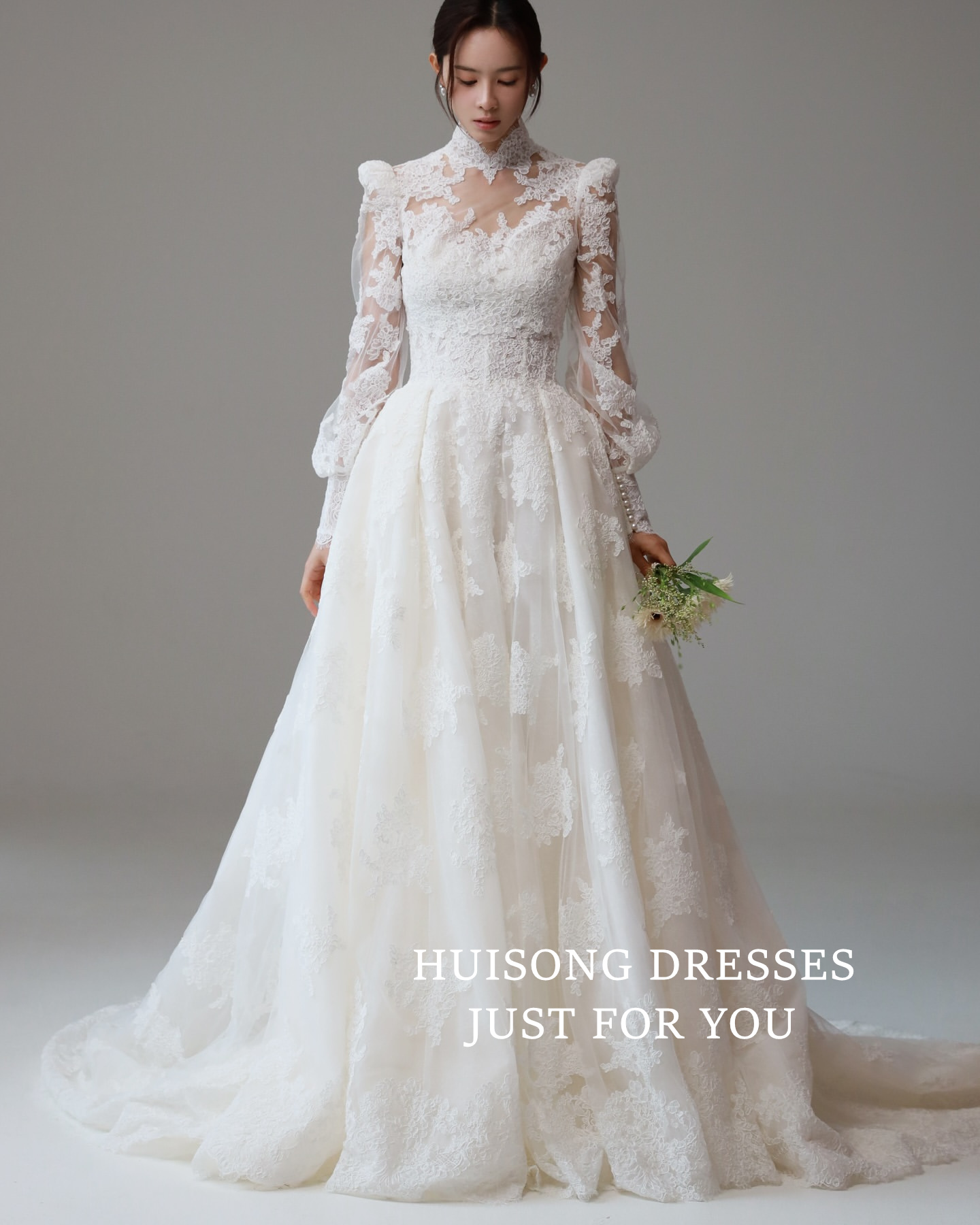 HUISONG Customized Korean Wedding Dress Lace Appliques Long Sleeves프롬드레스 A-Line Bridal Gown Korea Wedding Photo Shoot Dresses 