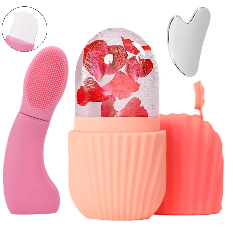3-piece facial cleansing tool set, stainless steel heart-shaped scraping board, ice cube facial roller, blackhead scraper tool