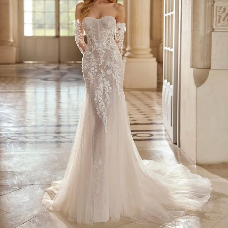 customized ivory white Ball Gown Wedding Dresses For Women Tull Shiny mesh pearl Fishtail Skirt Wedding GownVestidos De Novia