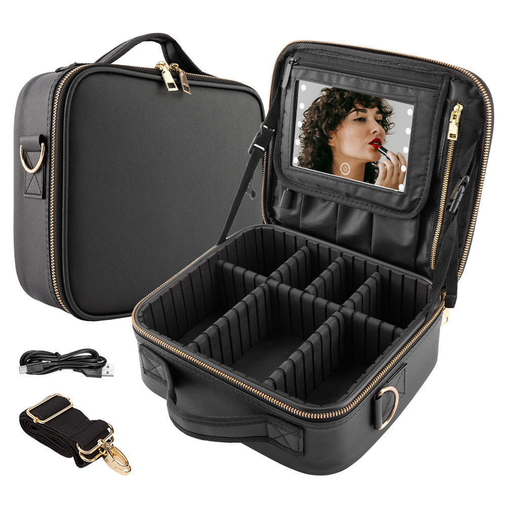 Waterproof Travel Makeup Mirror with Storage Bag - LED Tri-Color Light Touch Dimming Women's Travel Gift Set