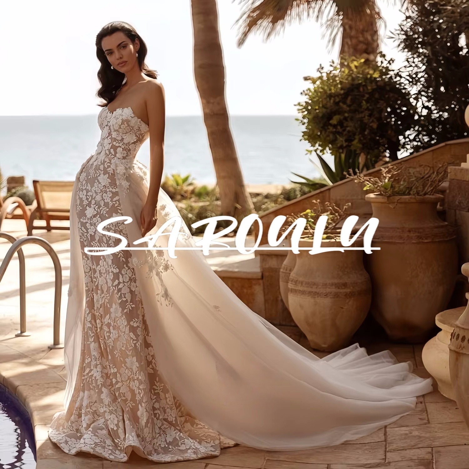 Romantic Floral Lace Wedding Dress with Detachable Train, Long Strapless Customized Bride Dresses, Boho Bridal Gown