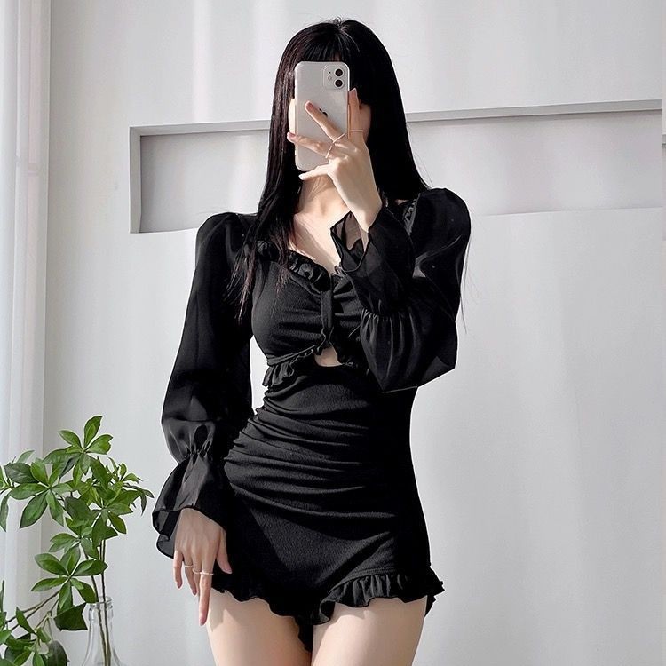 New long sleeved swimsuit for women slimming and conservative soaking in hot springs one-piece high-end sense swimsuit for women