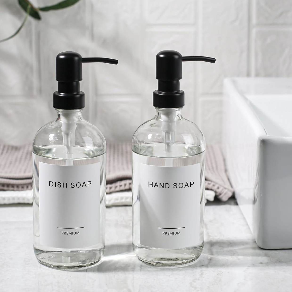 Clear Glass Soap Dispenser, Bathroom Kitchen Hand Dish Soap Dispenser Set with Matt Black Stainless Steel Pump, 2pcs 16Oz 500ml