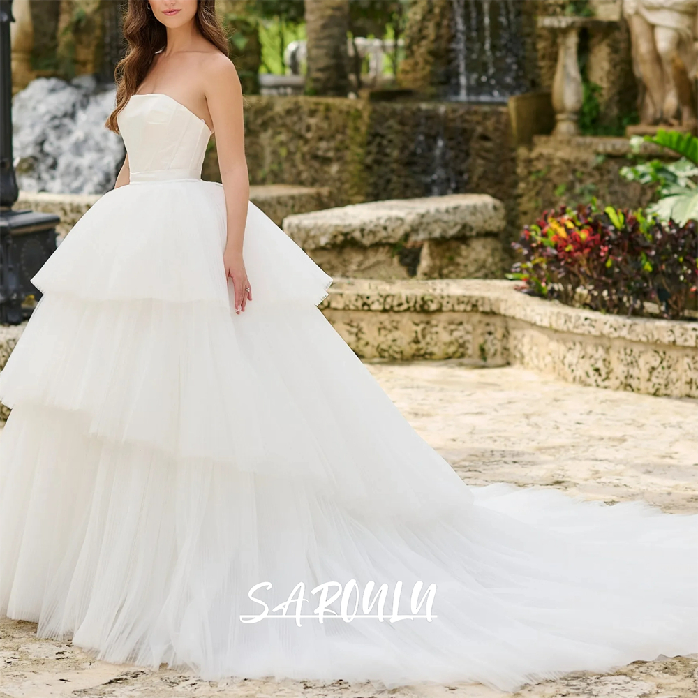 Two Ways Wear Wedding Dress for Women with Detachable Tulle Train, Strapless Satin Short Bridal Gown Customized Bride Dresses