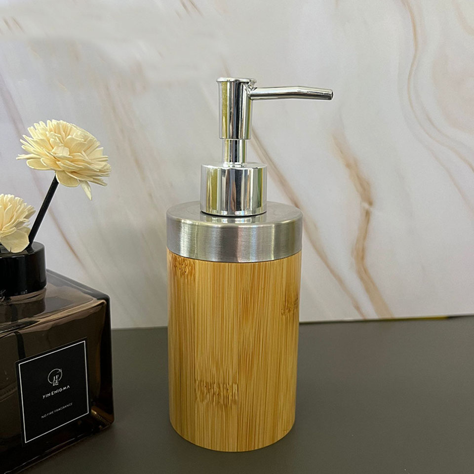 200ML Round Bamboo Pump Dispenser Bathroom PET Dish Soap Bottle Lotion Refillable Shower Gel Liquid Frosted Container