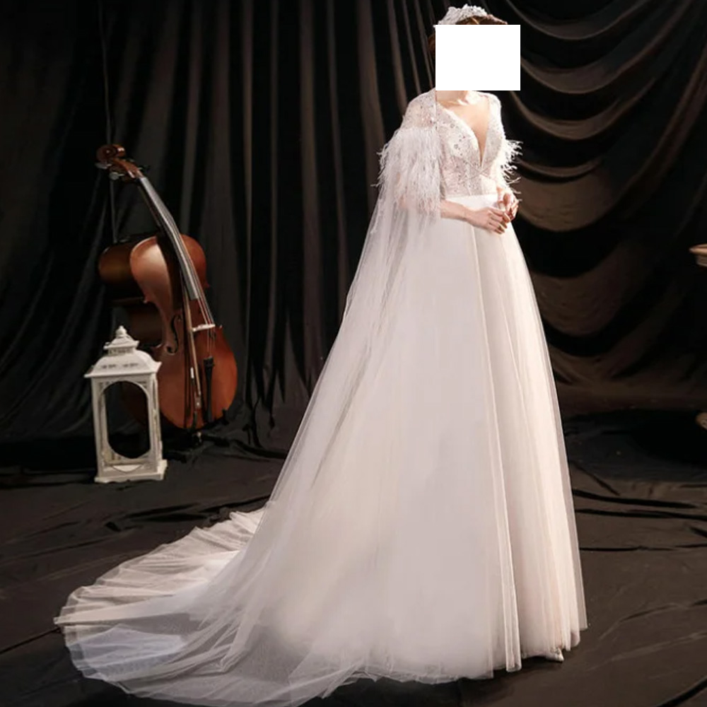 CustomizedDelicate and Graceful Shawl Feathers Sequined Crystal Wedding Dress Sweep Train Sleeveless Tulle V-Neck Floor Length A