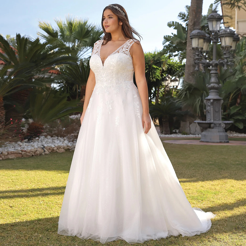 CustomizedSparkly Tulle Plus Size Wedding Dress 2024 Ladies A-line Sweep Train Button Back Sleeveless Appliques Bridal Gowns Cus