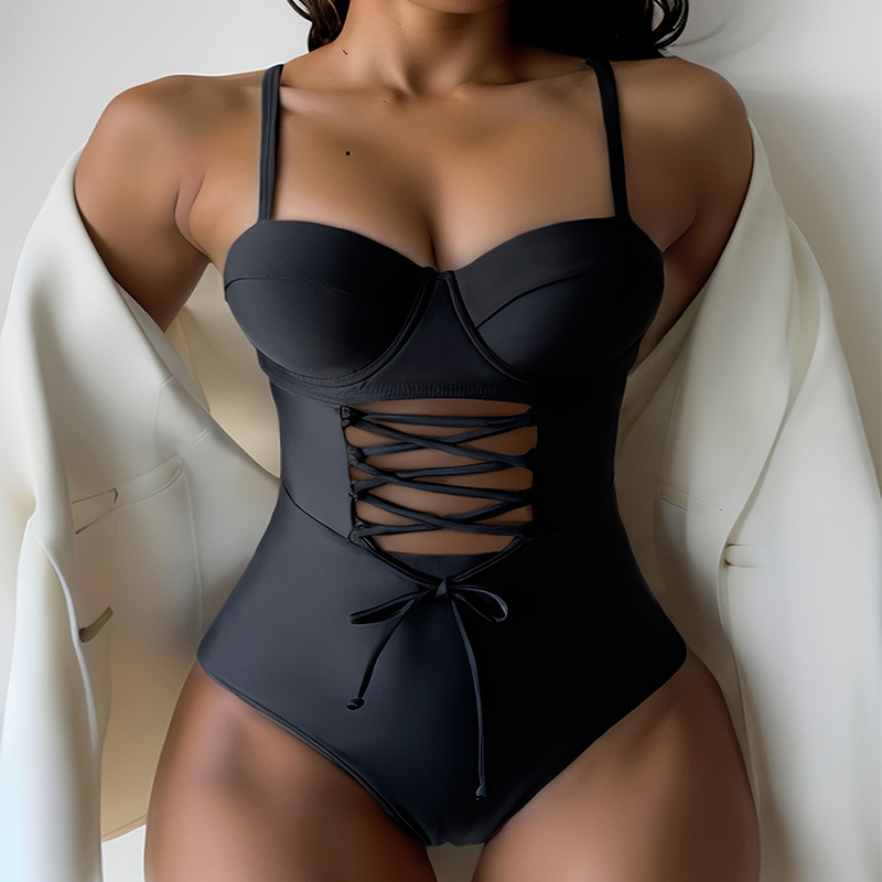 2024New Women's One-Piece Swimsuit Solid Color Simple Advanced Drawstring Covering Belly Thin Beach Bikini Swimsuit