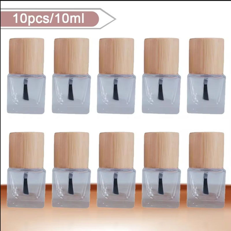 10Pcs Empty Nail Polish Glass Bottles with Brush and Bamboo Lid Transparent Round Nail Art Containers Thickened Glass Unscented