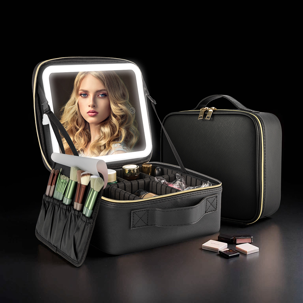 Travel Makeup Bag with Adjustable LED Light Cosmetic Organizer Case Portable Storage Pouch for Toiletry Cosmetics Holidays Gift