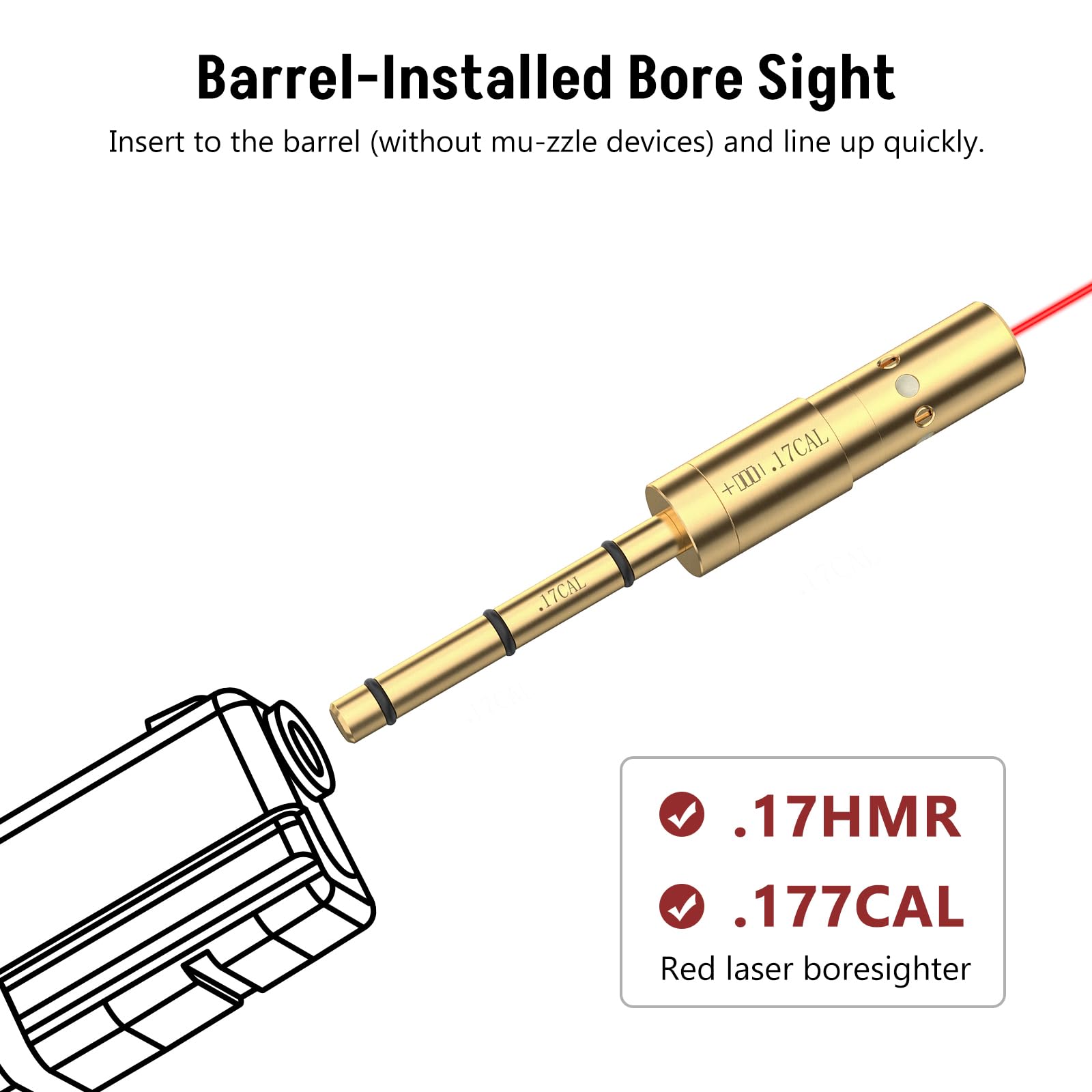MidTen Red Laser Bore Sight for .17HMR/.177 Caliber End Barrel Boresight Handgun Boresighter with Batteries and Spare O-Rings
