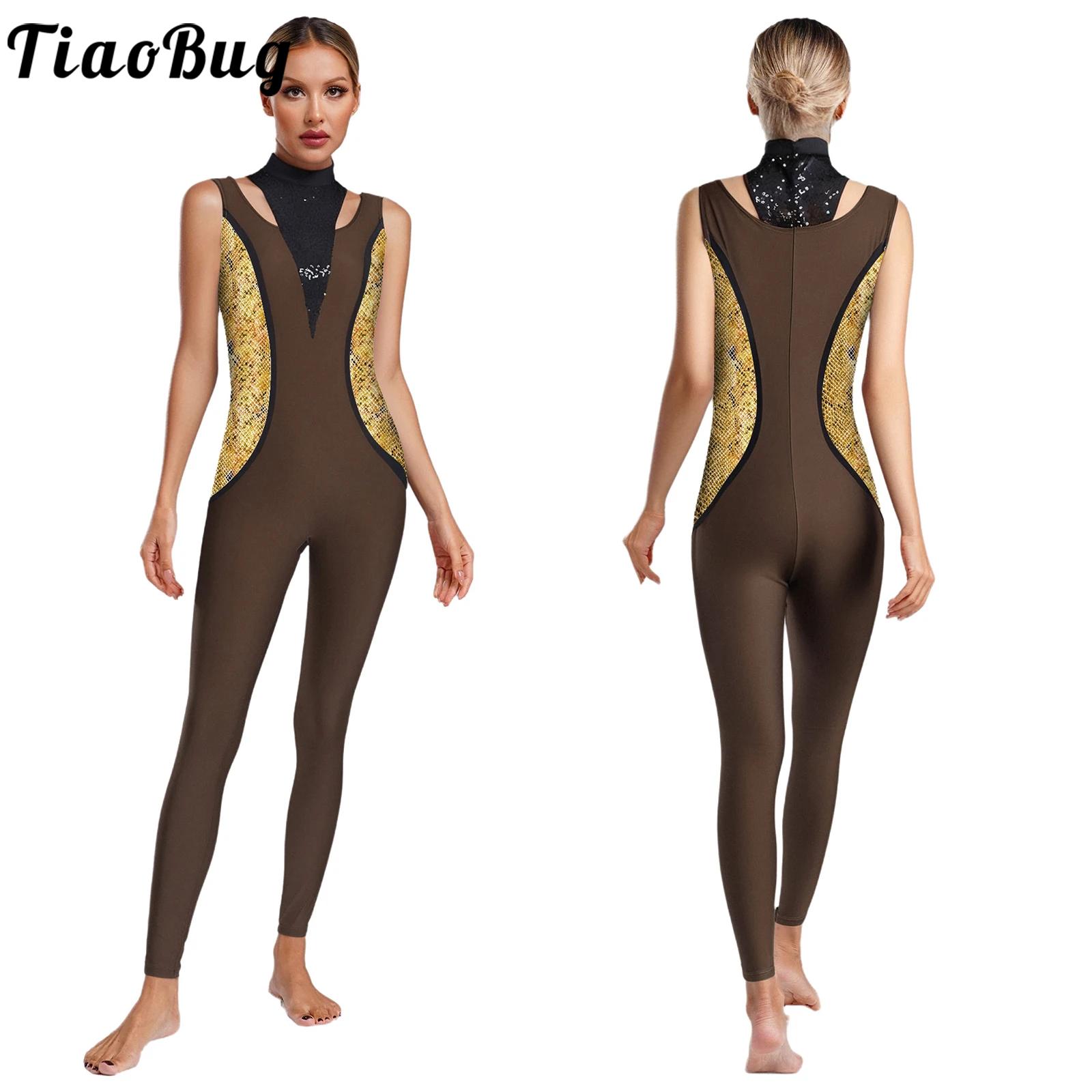 Women Rhythmic Gymnastics Unitard Ballet Dance Print Jumpsuit Performance Costume Sleeveless Sparkly Sequin Long Pants Bodysuit