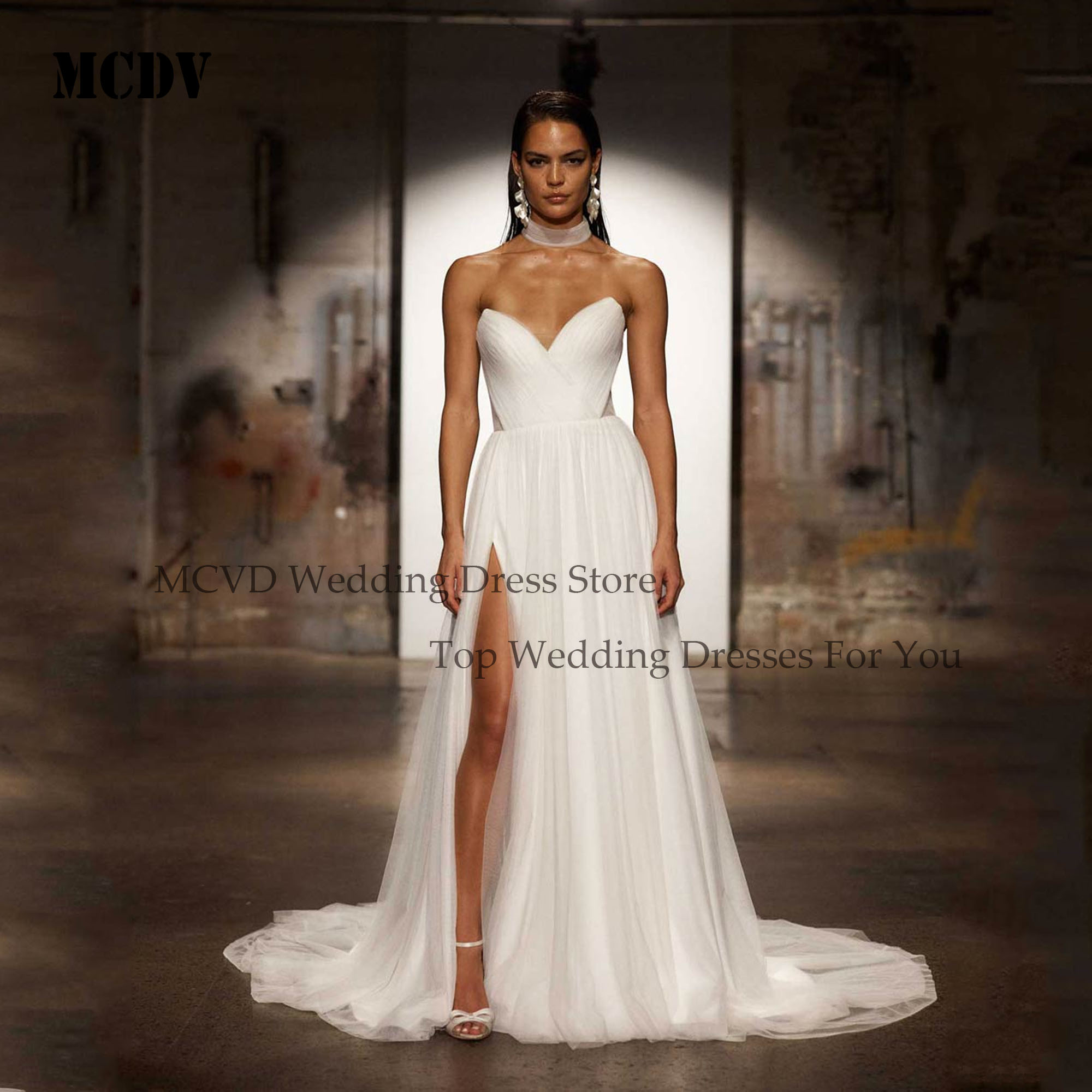 MCDV Tulle A Line Sleeveless Wedding Dress For Bride Strapless Side Split Bridal Gowns Backless Train Bride Dress Customized