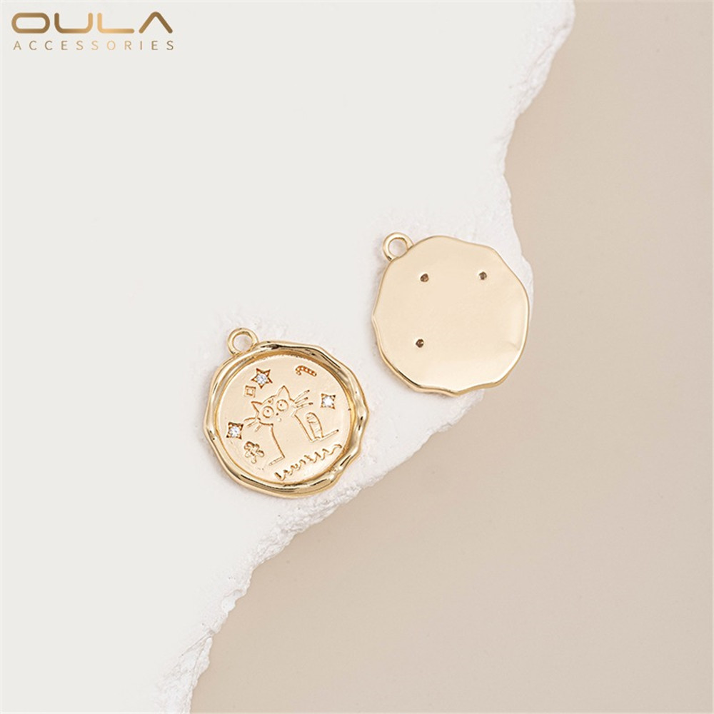 1PCS 14K Gold-plated Cute Cat Pattern Heart-shaped Flower Round Pendant, Diy Jewelry Pendant