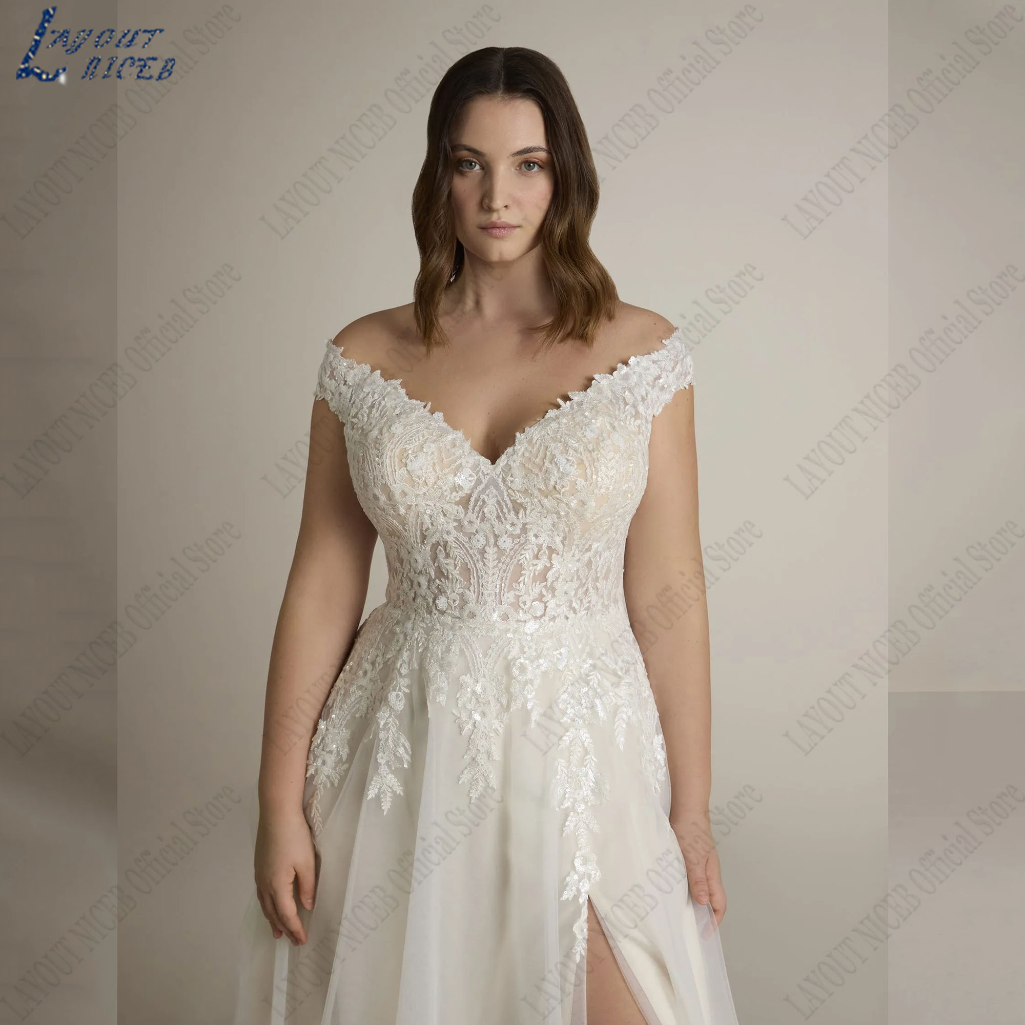 LAYOUT NICEB Oversize V-Neck Bride Dresses Cap Sleeves Side Slit Modern Wedding Gowns A-Line Appliques Tulle vestidos de novia