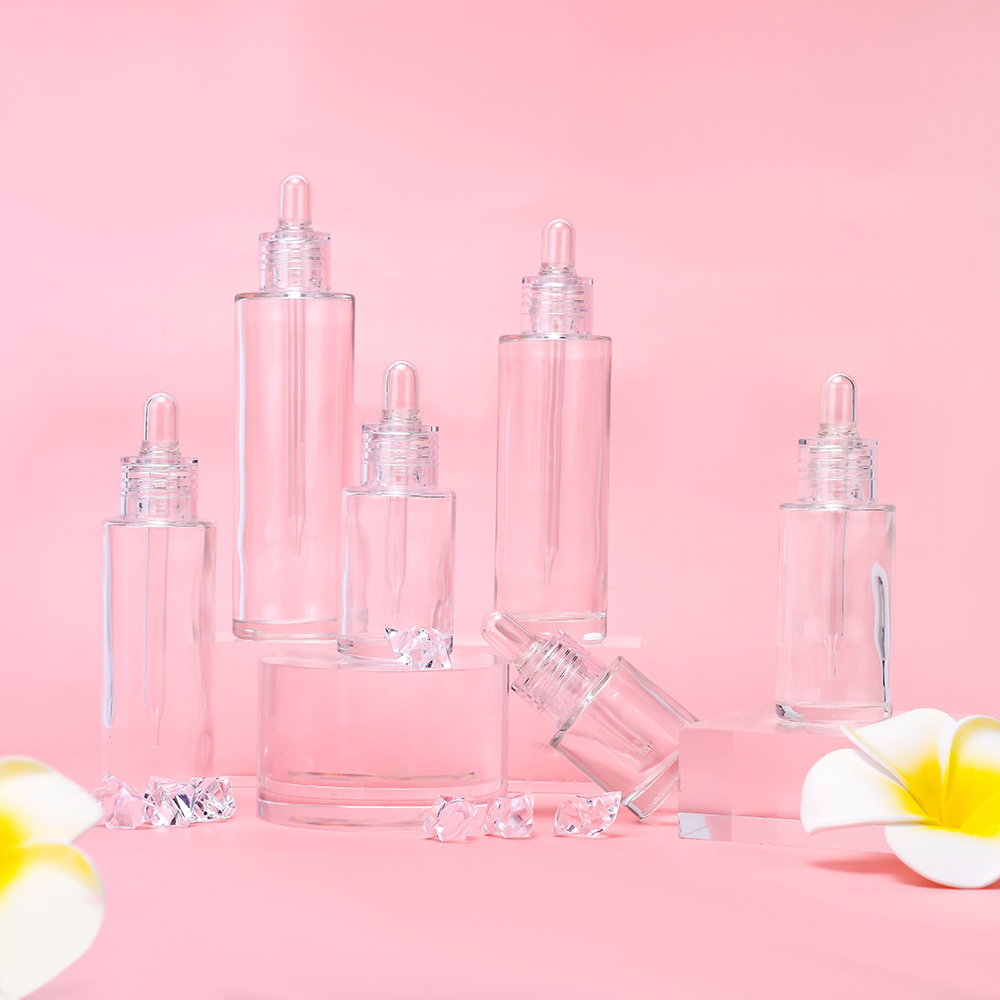 Flat square Serum Essential oil Glass Dropper Bottles with crystal clear collar Cosmetic Skin Care Serum Packaging HairOil Glass