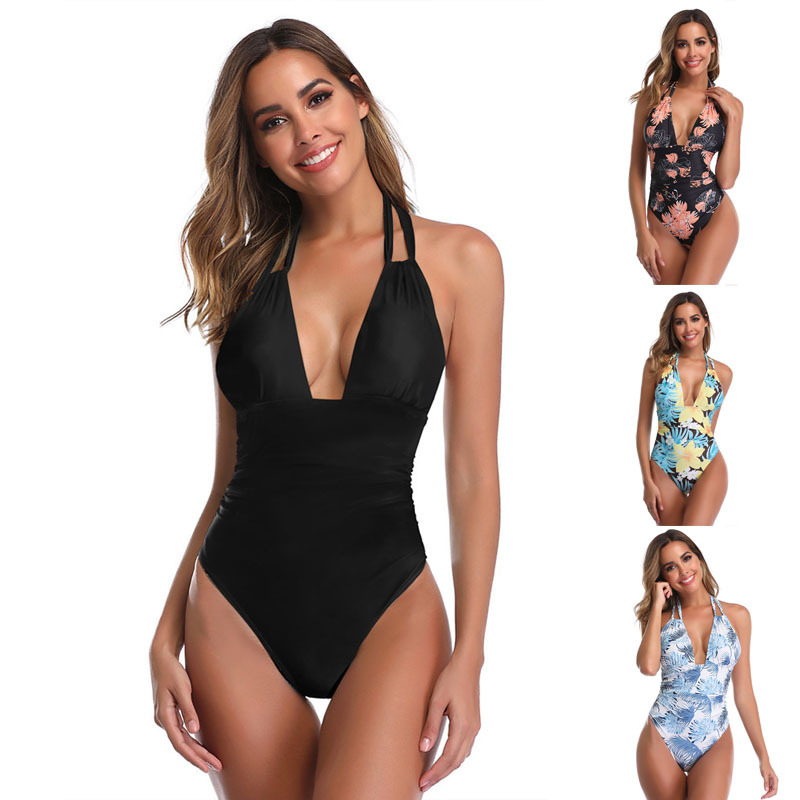 2024New Solid Color SlingVCollar Sexy One-Piece Swimsuit Beach Cover Belly Siamese Bikini Swimsuit