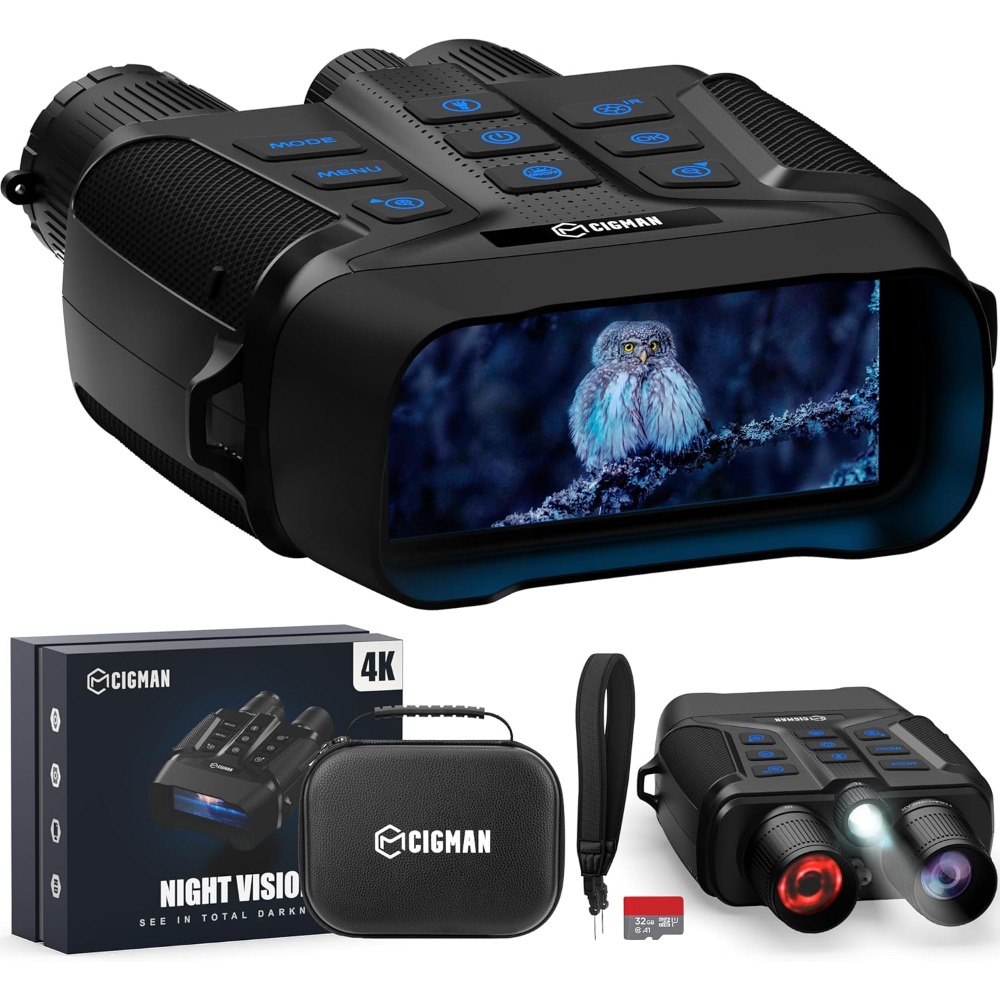 4K night vision goggles, 5000mAh battery, f/1.0 wide aperture, 32GB photo and video memory card, flashlight, 5x zoom, compass