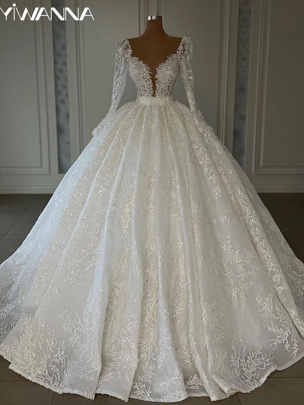 Sexy Deep V-neck Bridal Dress Glitter Sequins Pearls Wedding Gown Luxury Appliques Long Bride Robe Customized Vestido De Novia