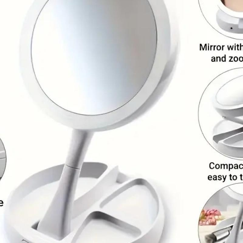 Foldable LED Makeup Mirror, 1X & 10X Magnification, Adjustable Brightness, Compact for Dressing, White