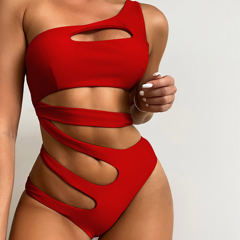 Bikini2024New Solid Color One Shoulder Hollow out One Piece Swimsuit Triangle Vacation Travel Swimsuit