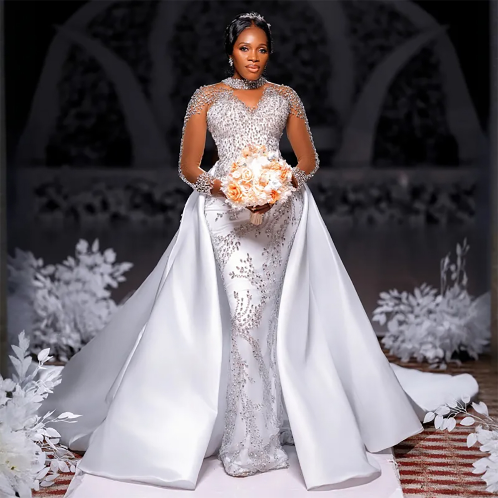 Luxury Women Wedding Dresses Elegant Crystal Detable Train Long Sleeve Gowns Formal Occaion Bridal Gorgeous Dress Vestidos