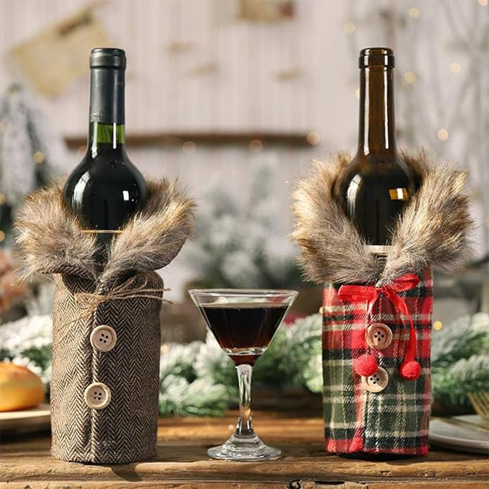 4PCS Christmas Decorative Wine Bottle Cover, Linen Plaid Sweater Wine Bottle Dress for Holiday Parties and Home Decoration