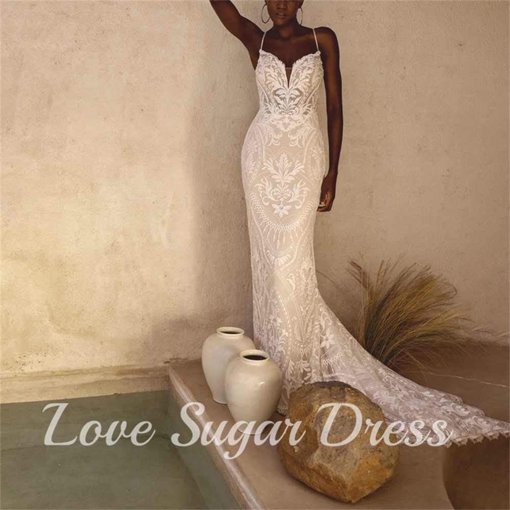Boho Mermaid Wedding Dresses For Black Girls V Neck Long Strain Bridal Gowns Lace Applique Backless Bride Dress vestido de novia