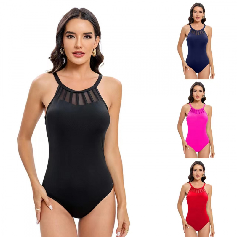 2024Russia Sexy One Piece Swimsuit Wholesale MeshbikiniWomen's Solid Color Backless Slim Fit Bikini