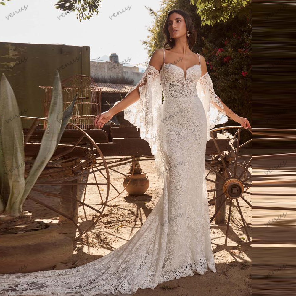 Exquisite Wedding Dresses Lace Bridal Gowns Bohemia Dress Detachable Sleeves Robes Spaghetti Straps Vestidos De Novia Customized