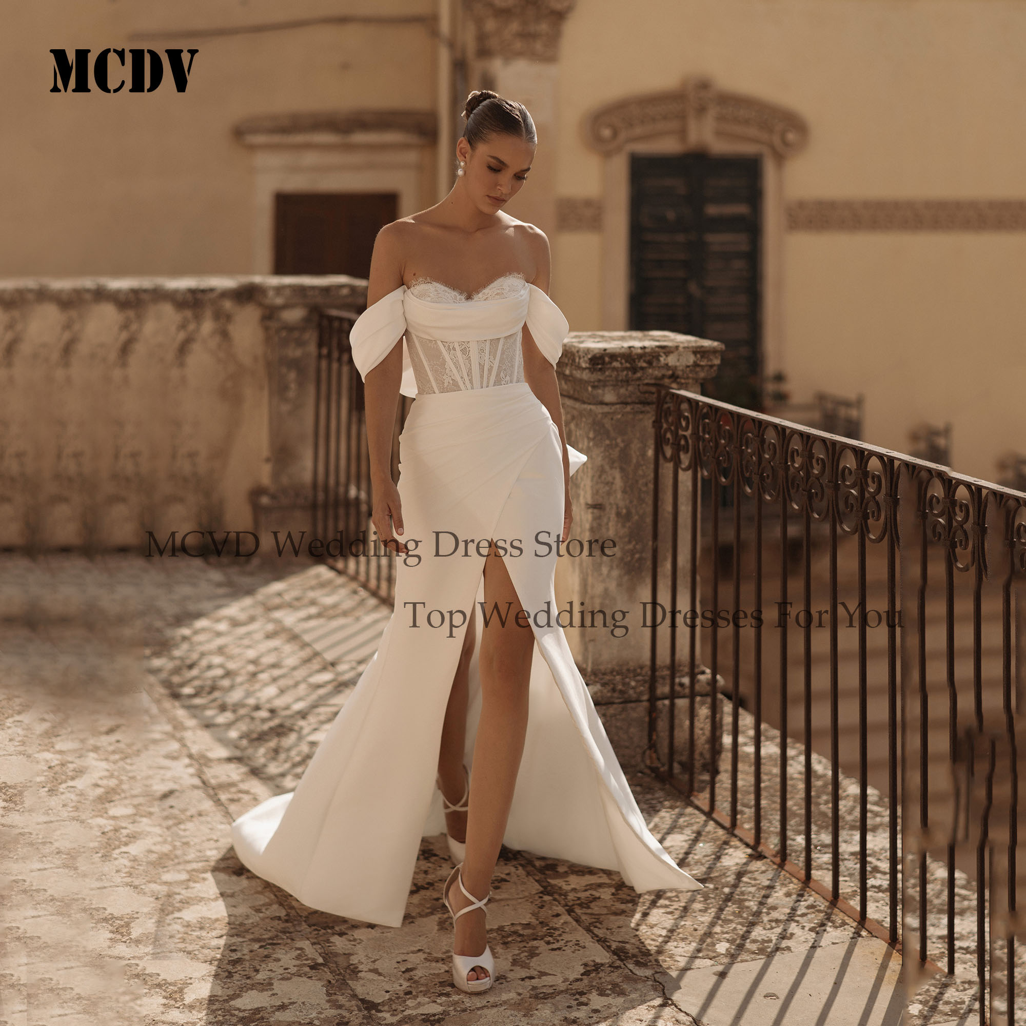 MCDV Off Shoulder Slit Wedding Dresses Sweetheat Lace Bride Gown Backless Mermaid Satin Bridal Gown vestidos de novia Customized