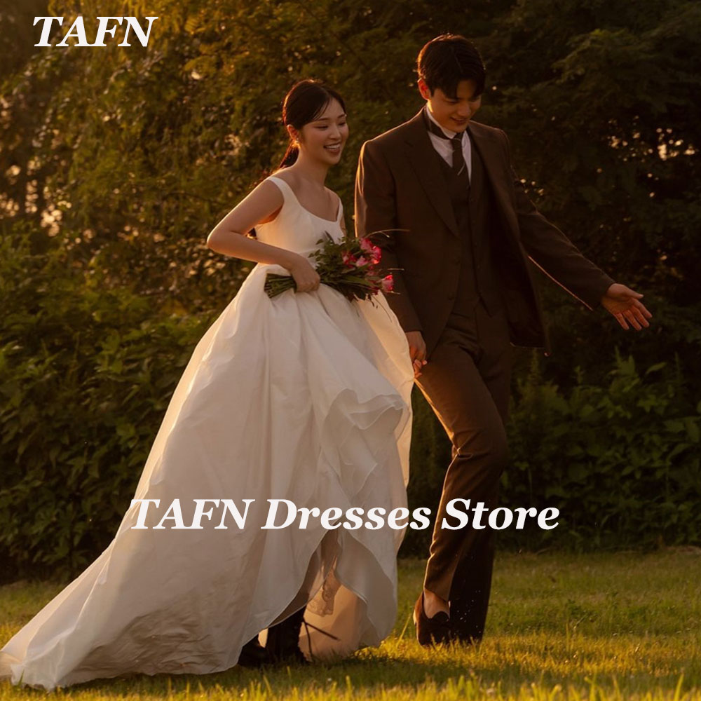 TAFN Square Collar Sleeveless Wedding Dresses A-line Elegant Bridal Gown Sweep Train Korea Photo Shoot Dresses Custom Made
