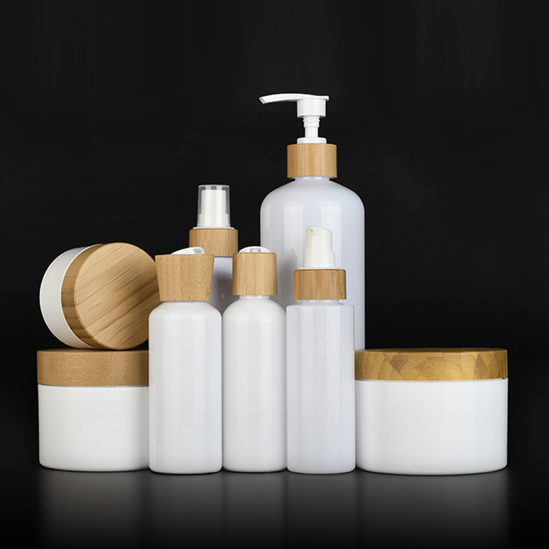 Bamboo flip cap white press emulsion Rifill Skincare Cream Lotion Essential Oil Cosmetic Plastic Bottle Jar With Bamboo Pump Lid