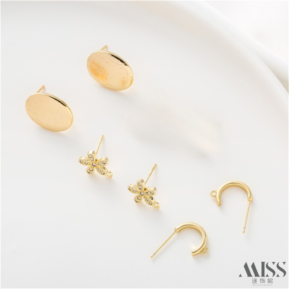 18K Light Gold Oval Brushed Earrings with C-shaped Ring Earrings Set with Zircon, Personalized DIY Handmade Earrings Accessories