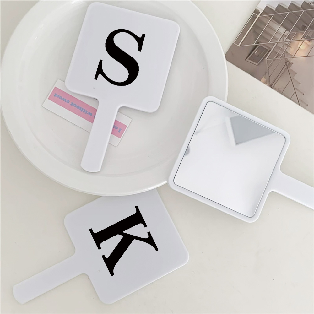1pc Handheld Makeup Mirror Square Makeup Vanity Mirror With Handle Hand Mirror Black Letter Initial Name 26 Letters Pattern