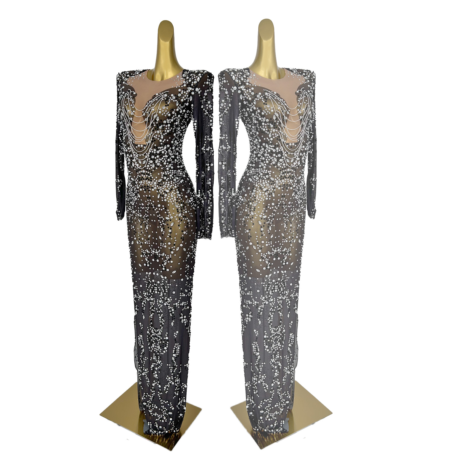 Sparkling Rhinestone Evening Dress Chain Sheer Mesh Luxury Atmosphere Dress Birthday Party Wedding Singer Stage Dress heshouwu