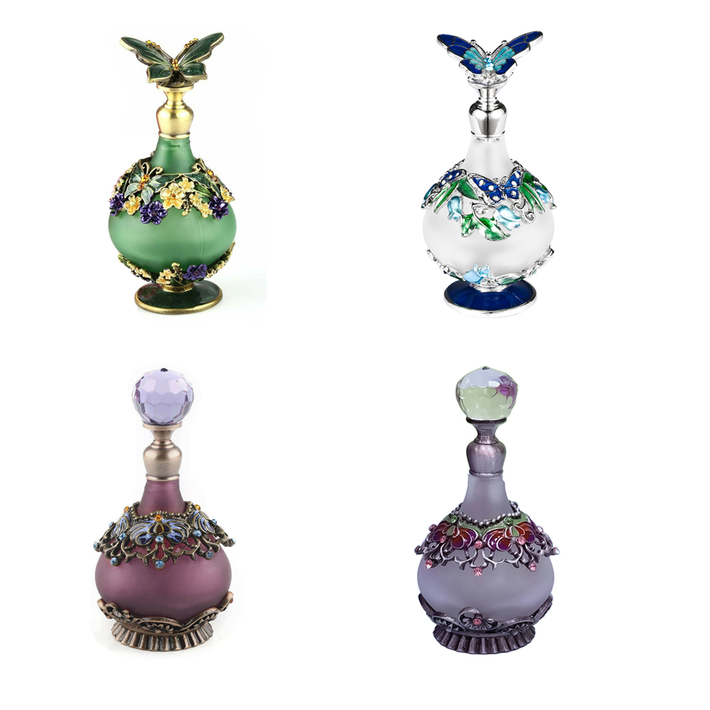 23ml Vintage Perfume Bottle Purple Diamond Cut / Antique Butterfly Metal Empty Glass Dropper Women Girl Gift