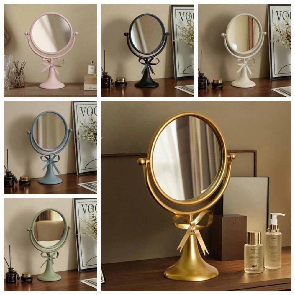 360° Rotatable Makeup Mirror Oval Light Luxury Bow Vanity Mirror Home Decoration Iron Frame Desktop Stand Mirror