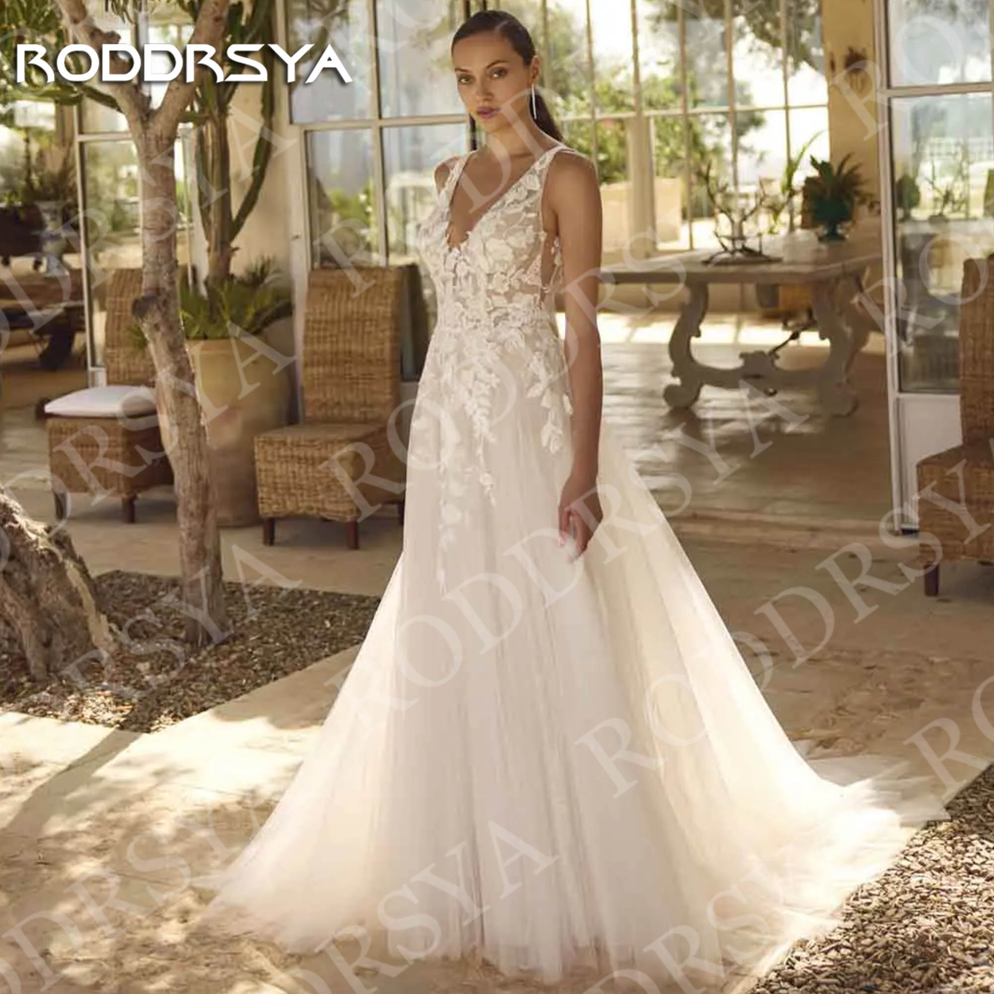 RODDRSYA Elegant V Neck Wedding Dresses Princess A Line Shine Tulle Backless Lace Appliques Beach Bridal Dress Customized Woman