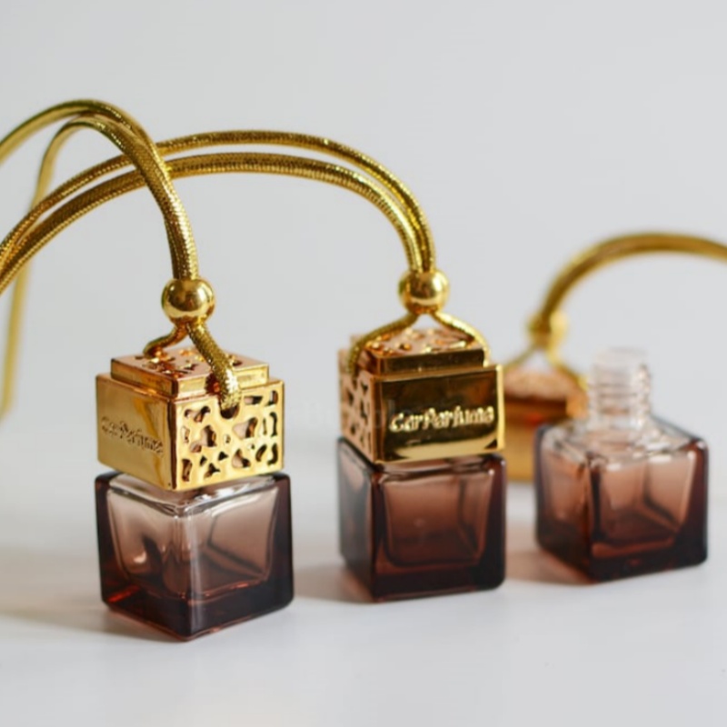 5Pcs 8ml Luxury Car Perfume Empty Bottles Gradient Brown Glass Refillable Perfume Bottles Golden Square Lids  Gift Wholesale