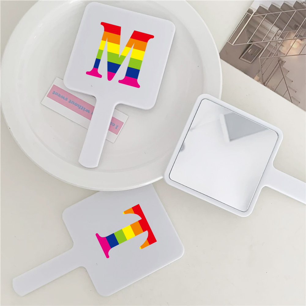 1pc Square Handheld Makeup Mirror With Rainbow Letter Decor Portable For Daily Travel Touch-Ups Initial Name 26 Letters Pattern