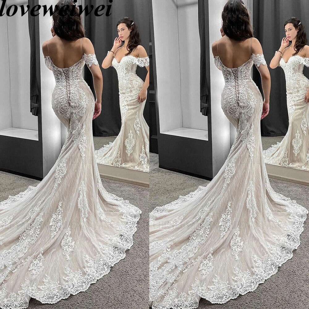 Beach Mermaid Wedding Dresses Lace Appliques Tulle Bridal Gowns with Long Train Off Shoulder Bride Gown Vestidos De Novia