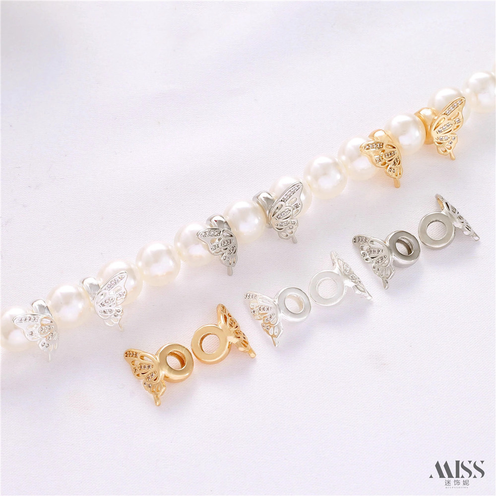 14K Gold Bag Color Silver Diamond-encrusted Butterfly Wings Bead Spacers DIY Pearl Crystal Beaded Bracelet Accessories