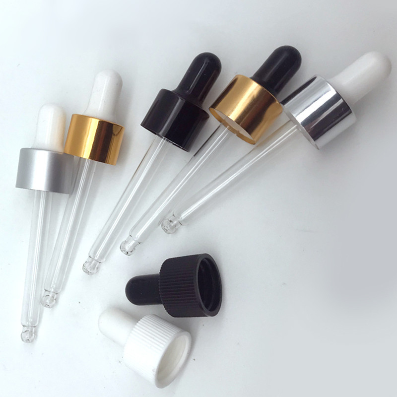 100Pcs 20/410 Aluminum Gold/Silver/Rose Gold/Black Dropper Lid with Glass Pipette for 20mm Cosmetic Glass Plastic Liquid Bottles