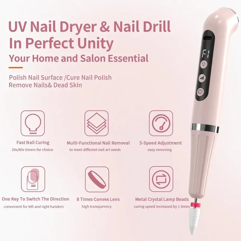 2 in 1Rechargeable Electric Nail Drill Machine Portable With UV Light LED Nail Lamp,Electric Nail File with UV Light for Nails