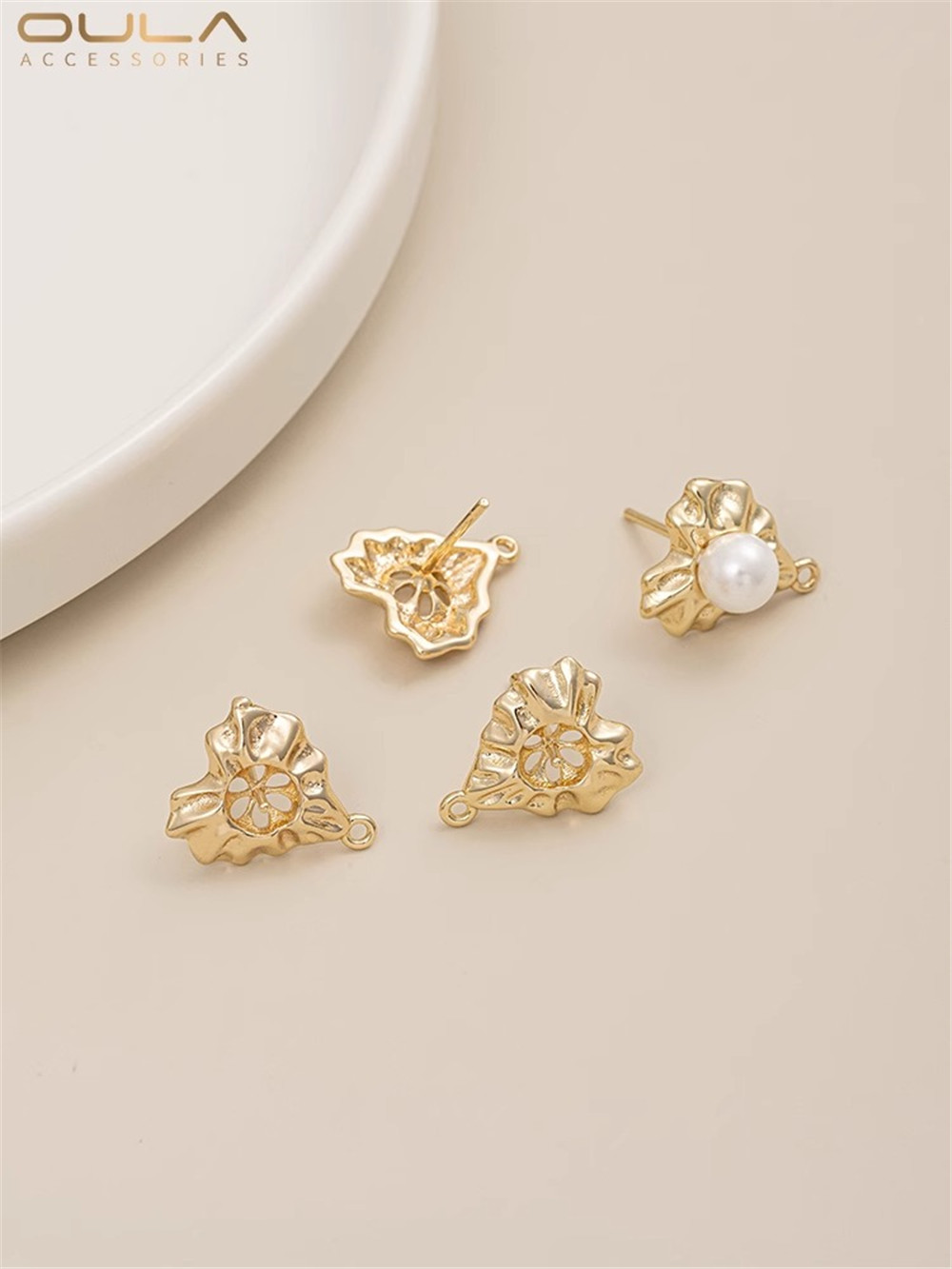 14K Copper Package Gold Border Heart Pearl Bracket with Lifting Earrings 925 Silver Needle Diy Sticky Pearl Earrings Accessories