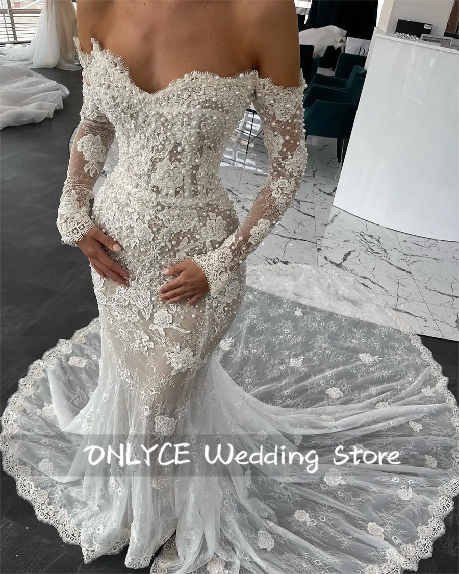 Luxury Dubai Mermaid Wedding Dresses Lace Long Sleeves Beads Pearls Appliques Bridal Gowns Vestido De Novia  Customized