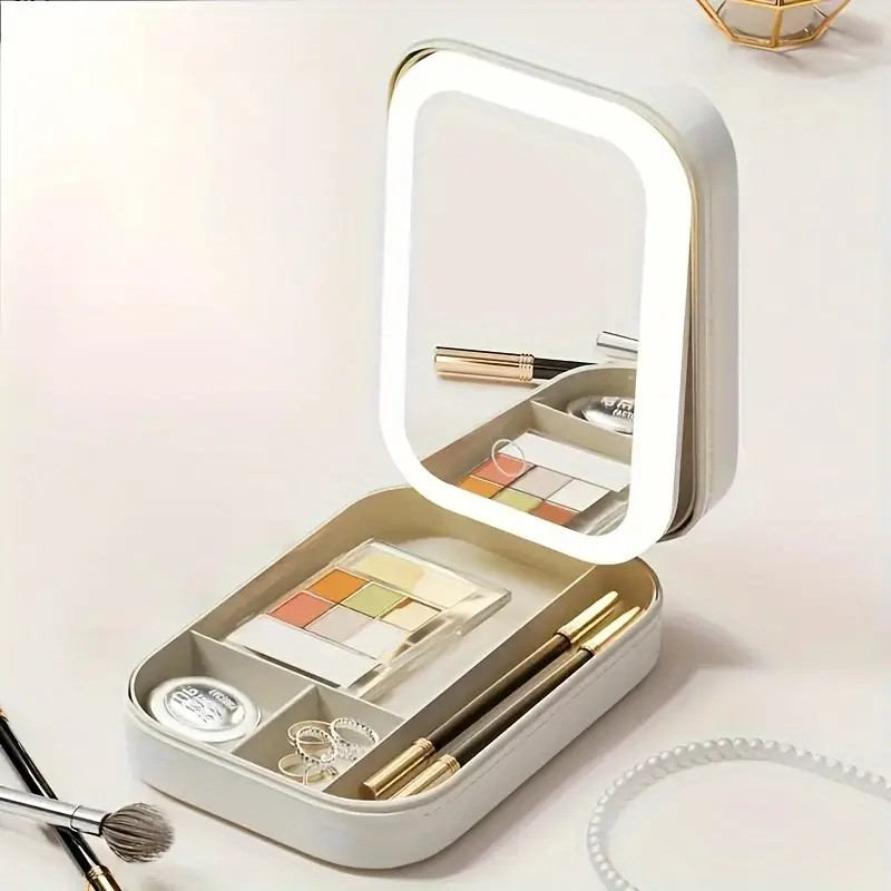 1pc LED Travel Makeup Case with Mirror, Foldable, USB Charging, 1000mAh Battery, Durable Cosmetic , Ideal Holiday Gift